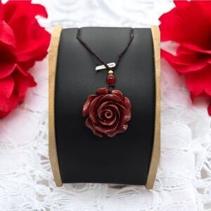 Cinnabar Red Rose Pendant Black Cord Necklace Romantic Jewelry Love Girlfriend